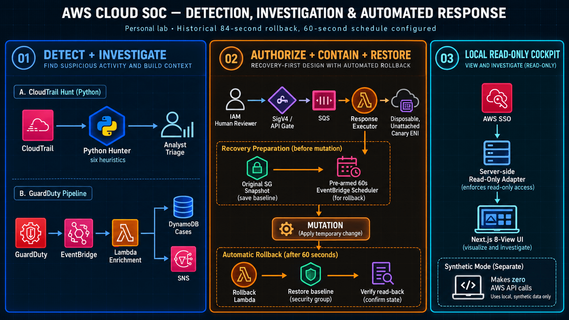 Reviewed full-system architecture showing separate CloudTrail and GuardDuty detection routes, human approval, scoped canary execution, recovery-first restoration, and the local read-only analyst cockpit